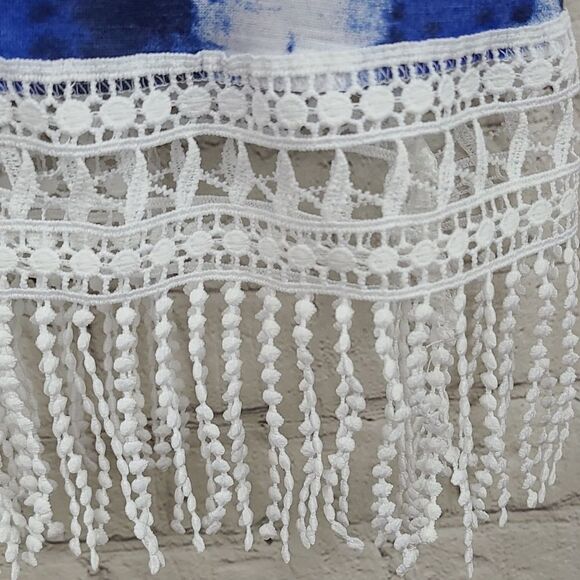 Women's Americana Tie Dye Red White Blue Tee BLESSED Crop Tank Top Lace Fringe - Picture 3 of 8